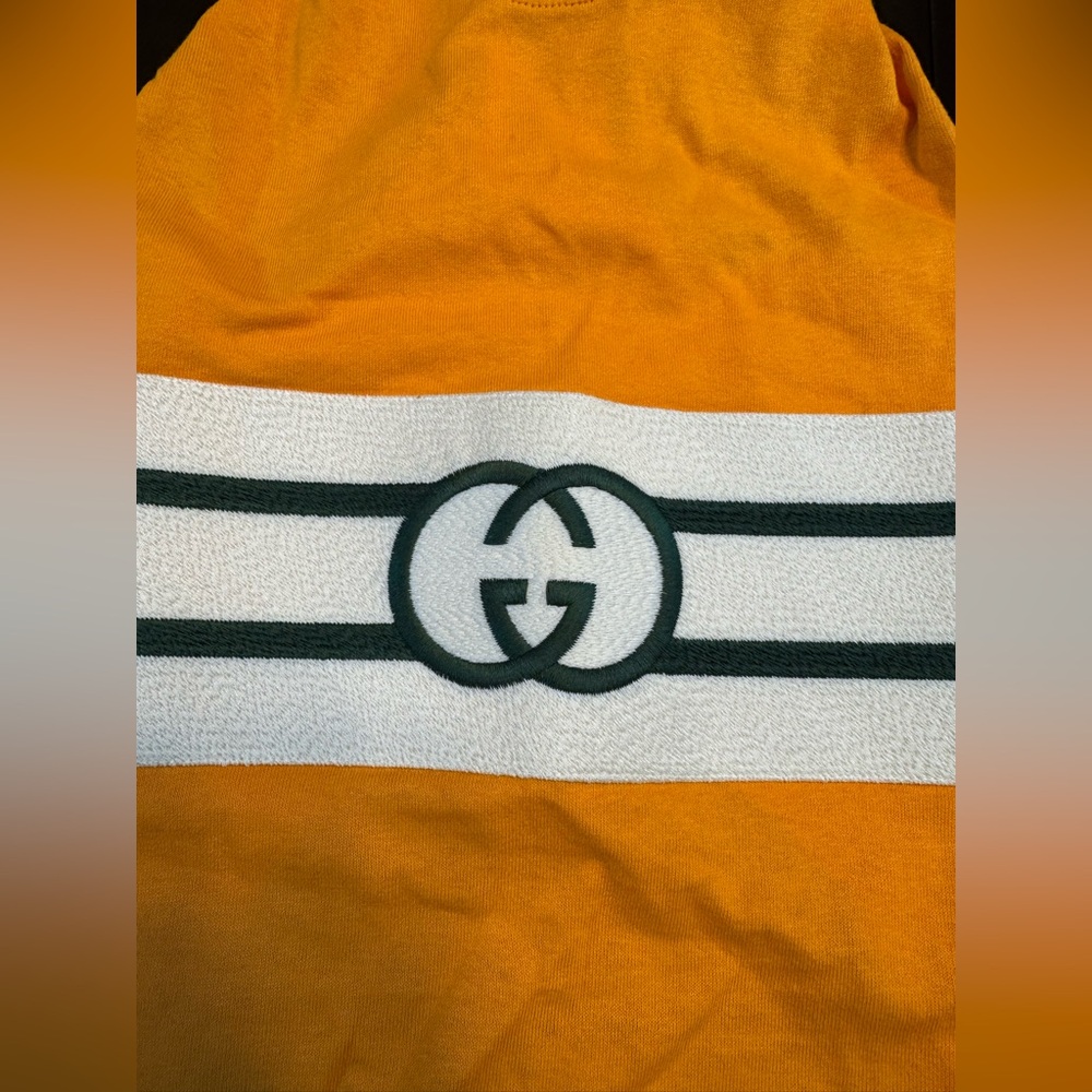 New Authentic Gucci GG Logo Dog Shirt Clothes Gold Green Size L - Picture 5 of 11